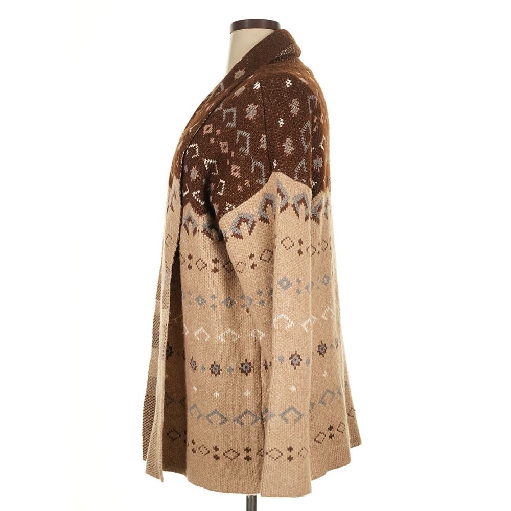 Lucky Brand Tribal Aztec Boho Open Cardigan Brown Tan Long Sweater Women’s XL - Picture 5 of 10